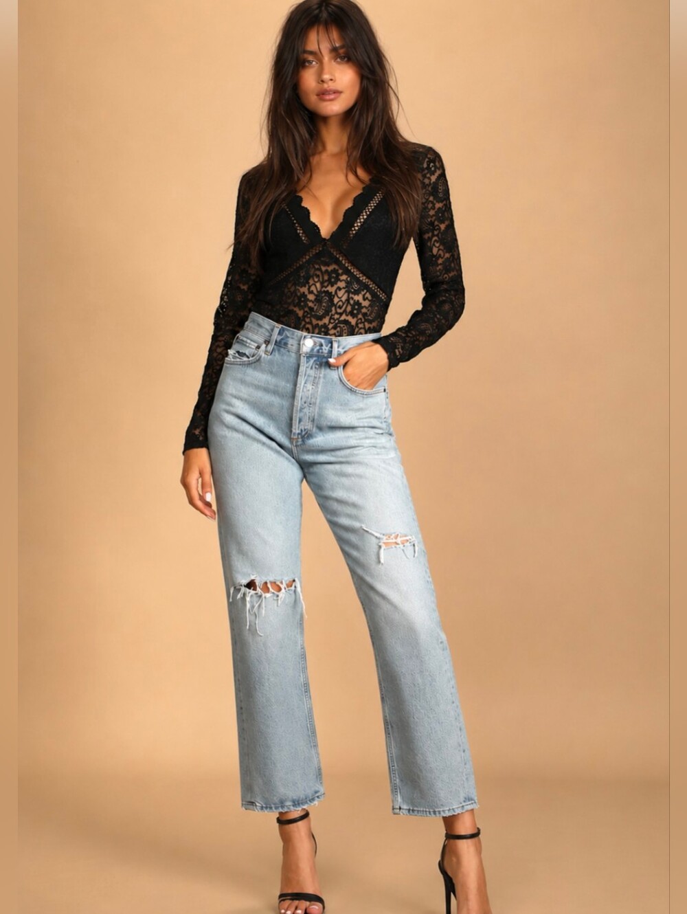 Lulus Sheer Me Out Black Lace Long Sleeve Bodysuit NWT NEW Small